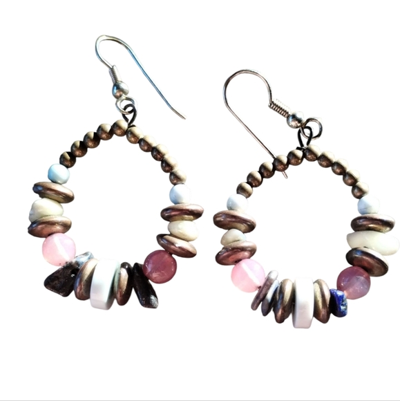 Boho Beaded Hoop Dangle Earrings - Earthy Tones & Pink Accents - Picture 1 of 6